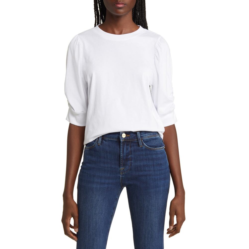 Frankie Puff Sleeve Organic White Cotton Knit Crewneck Elbow Sleeve Top Size S